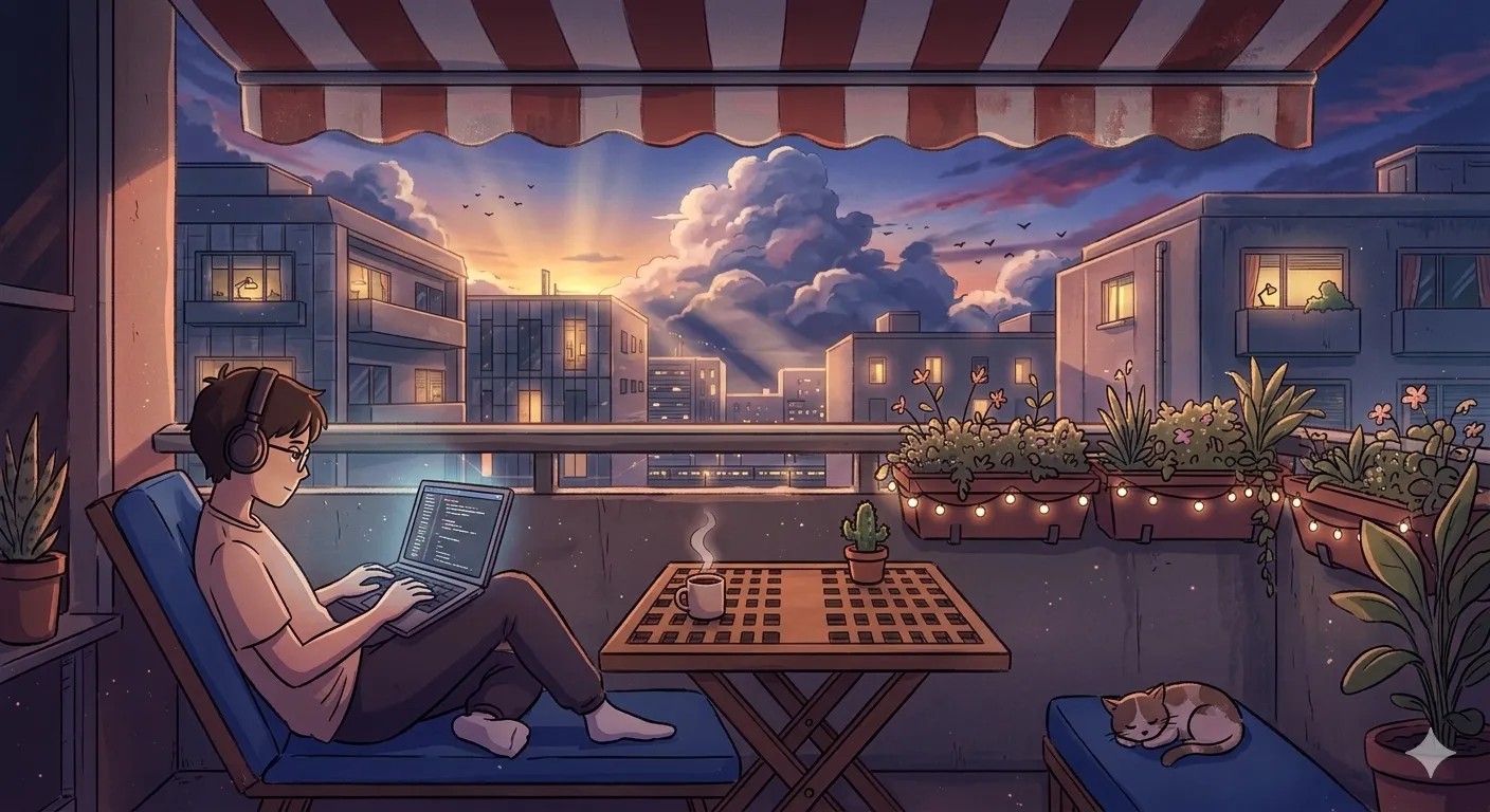 A lofi illustration of someone working on a laptop on a balcony at dusk, string lights and potted plants around them, a cat asleep nearby, and a city skyline under a sunset sky.