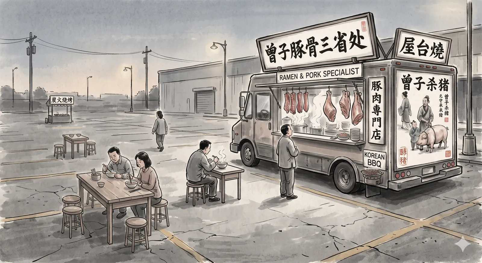 A wry ink-wash illustration of a roadside ramen truck and food stall branded with Zengzi's name (曾子), a lone diner at a table out front.